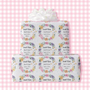 Baptism Name Date Cross Dove Spring Flowers Wrapping Paper