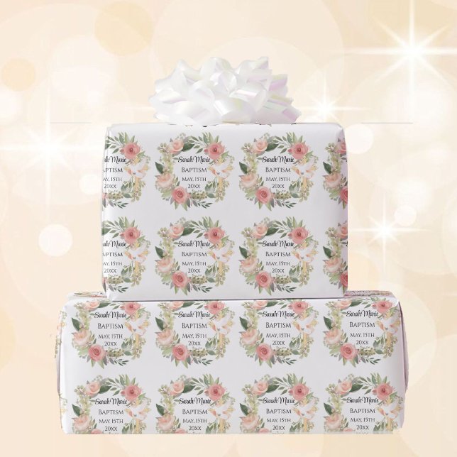 Baptism Name Date Cross Dove Spring Flowers Wrapping Paper (Creator Uploaded)
