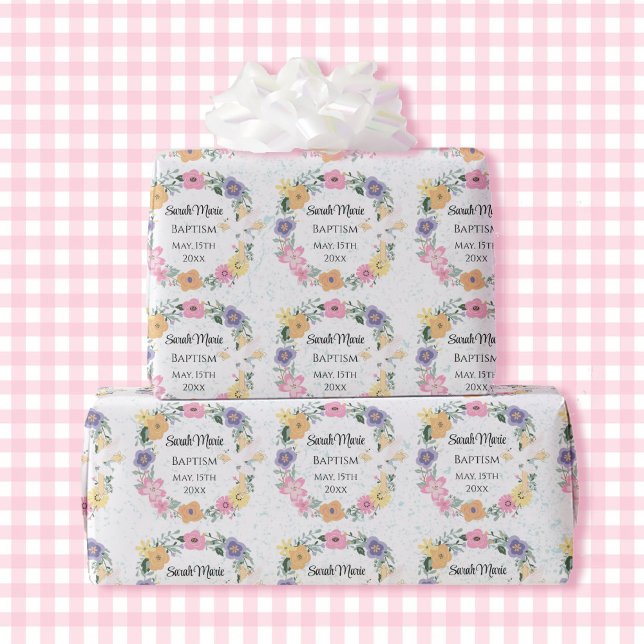 Baptism Name Date Cross Dove Spring Flowers Wrapping Paper (Creator Uploaded)