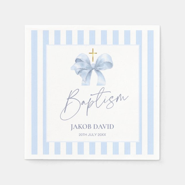 Baptism Napkins with Modern Blue Bow, for Boys (Front)