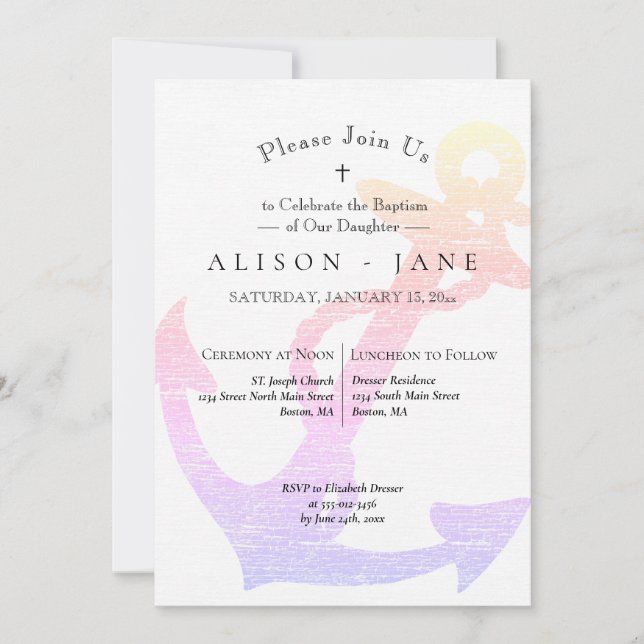 Baptism Nautical Anchor Pink Lavender Girl Invitation (Front)