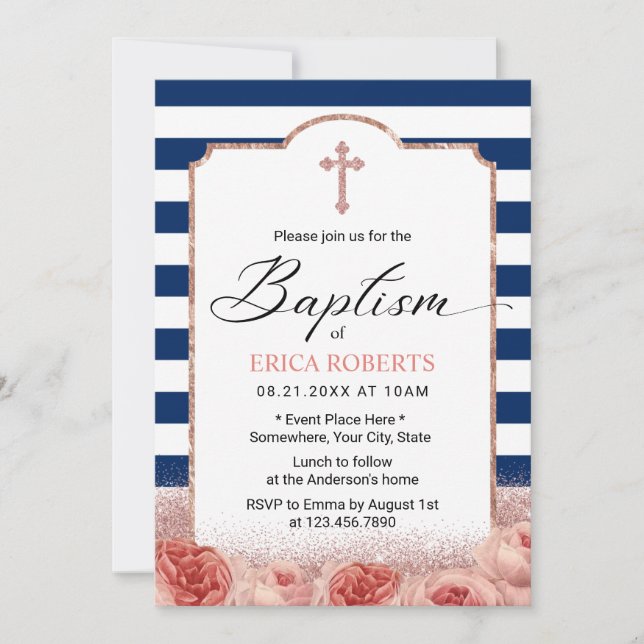 Baptism Nautical Navy Stripes Rose Gold Floral Invitation (Front)