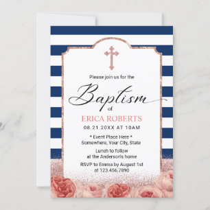 Baptism Nautical Navy Stripes Rose Gold Floral Invitation