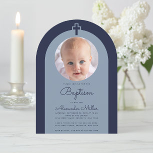 Baptism Navy Arch Boy Photo Dusty Blue Script Invitation