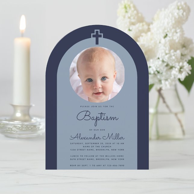 Baptism Navy Arch Boy Photo Dusty Blue Script  Invitation (Creator Uploaded)