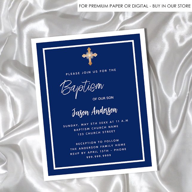 Baptism navy blue white boy gold budget invitation flyer (Creator Uploaded)