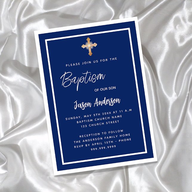 Baptism navy blue white boy gold cross invitation postcard (Creator Uploaded)