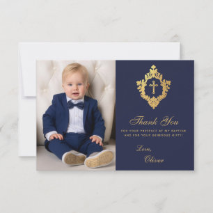Baptism Navy Gold Cross in Crest Elegant Boy Photo Thank You Card