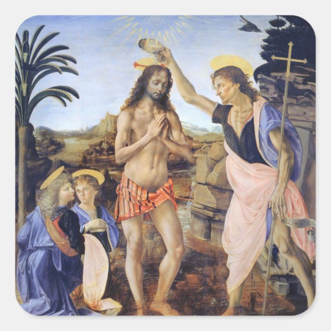 Baptism of Christ by Verrocchio, Leonardo da Vinci Square Sticker (Front)