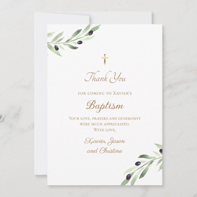 Baptism olive branch thank you card (Front)