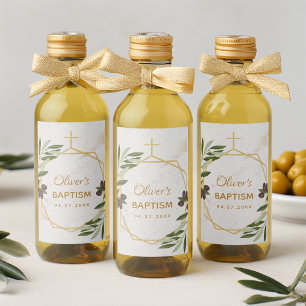 Baptism Olive Oil Favours Botanical Geometric Gold Wine Label
