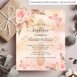 Baptism pampas blush butterfly budget invitation flyer