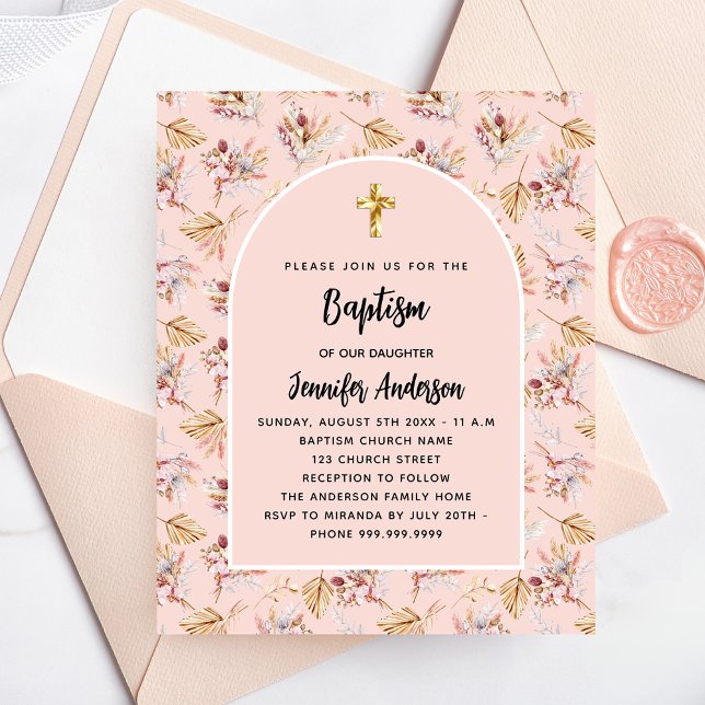 Baptism pampas florals rose budget invitation flyer (Creator Uploaded)