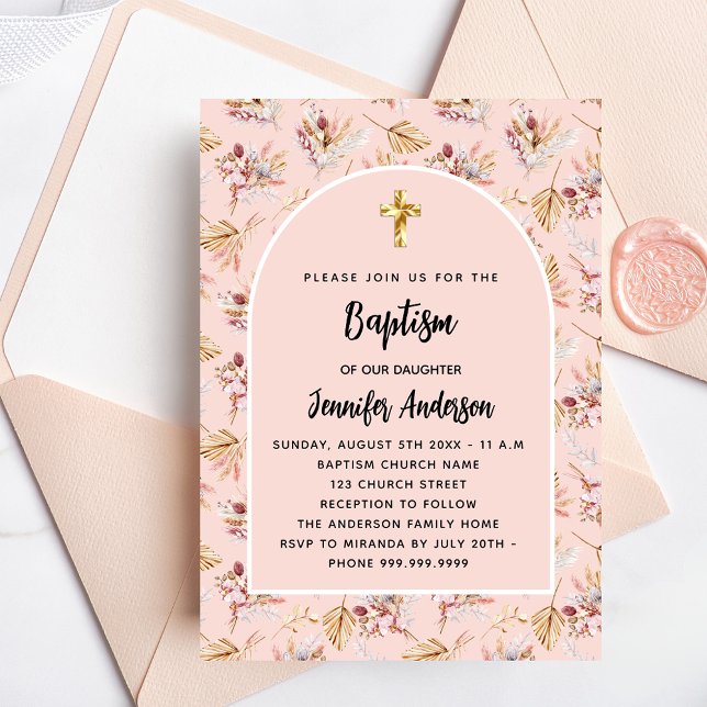 Baptism pampas florals rose gold pink girl invitation postcard (Creator Uploaded)