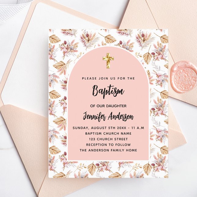 Baptism pampas flowers rose gold budget invitation (Creator Uploaded)
