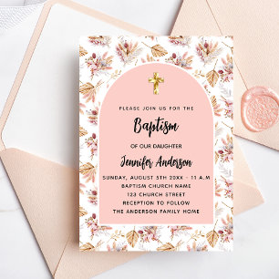 Baptism pampas flowers rose gold pink girl luxury invitation