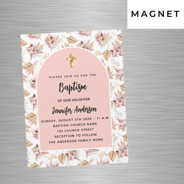 Baptism pampas flowers rose gold pink girl luxury magnetic invitation (Creator Uploaded)