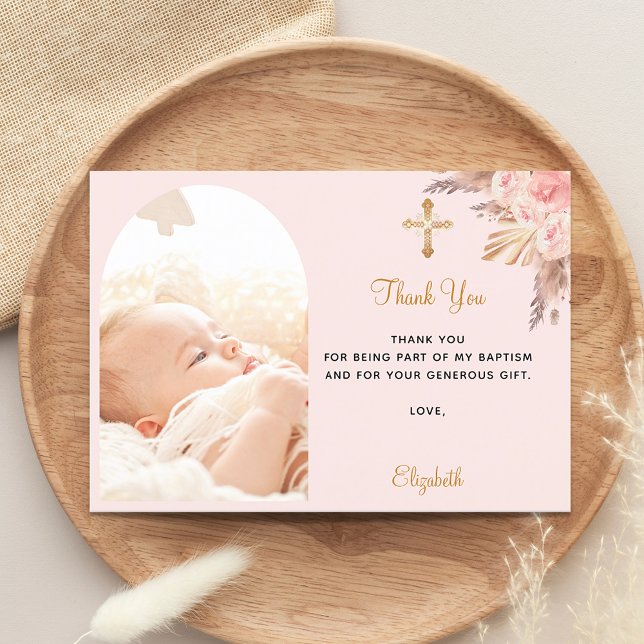 Baptism pampas grass arch photo blush pink girl thank you card (Creator Uploaded)