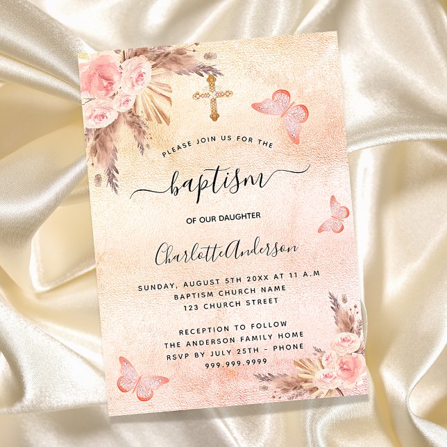 Baptism pampas grass blush butterfly floral luxury invitation (Creator Uploaded)