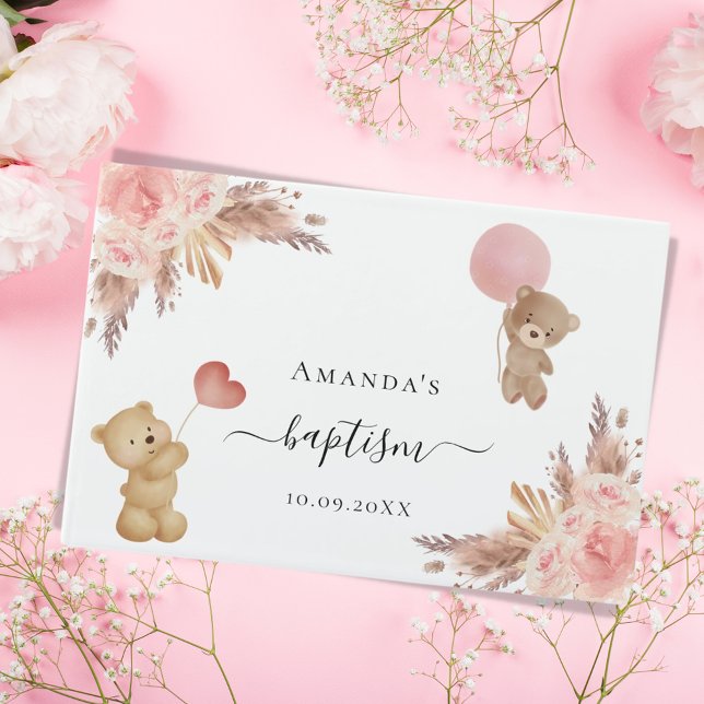 Baptism pampas grass rose gold teddy bear girl guest book (Creator Uploaded)