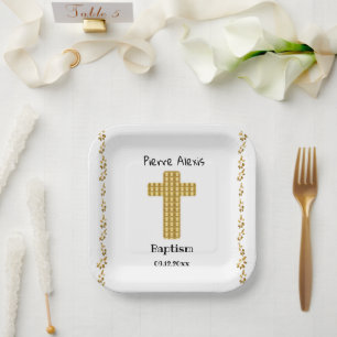 Baptism Party & Gold Cross, Glitter, White Paper Plate