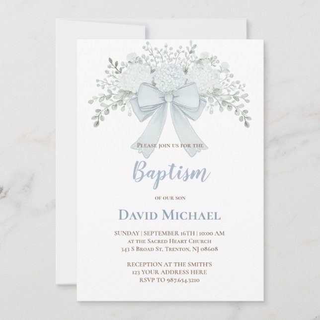 Baptism pastel blue floral bow invitation (Front)