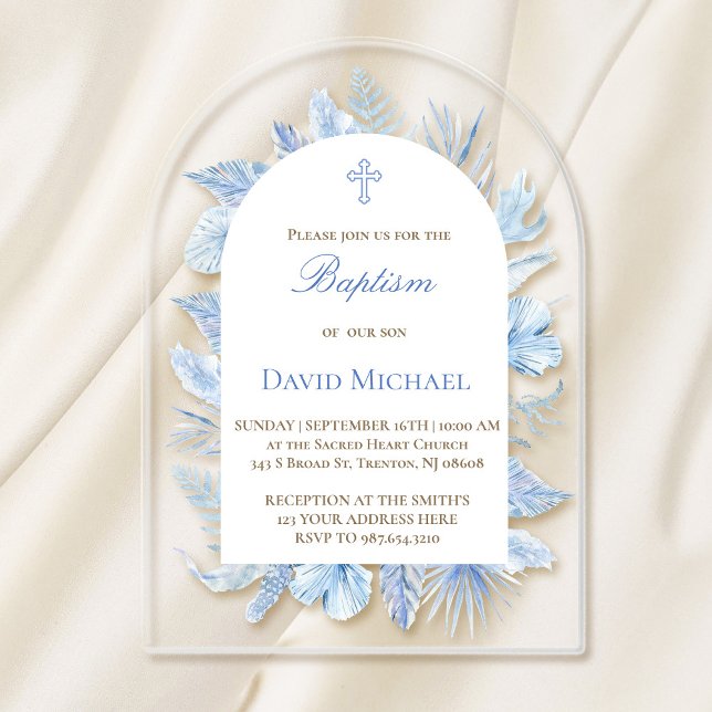 Baptism pastel blue foliage acrylic invitation (Creator Uploaded)