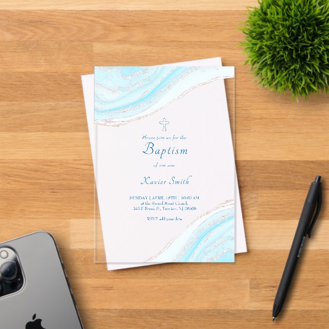Baptism pastel blue marble acrylic invitations (Insitu (Invitation Card))