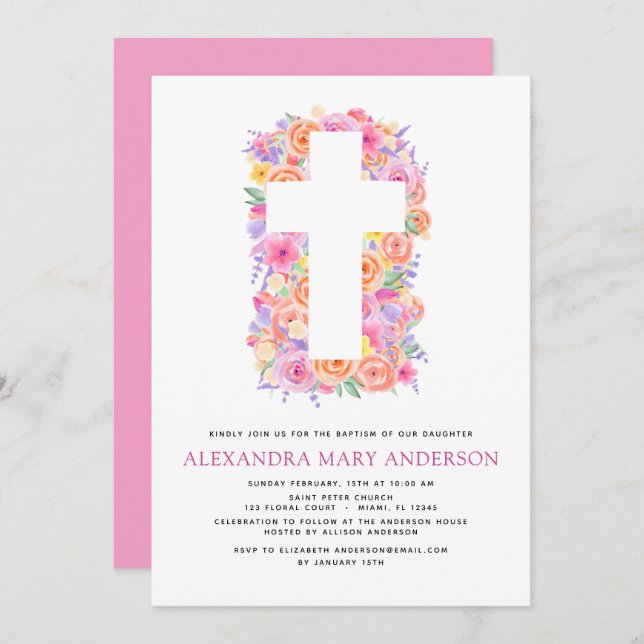 Baptism Pastel Floral Pink Rose Cross Invitation (Front/Back)