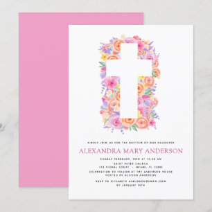 Baptism Pastel Floral Pink Rose Cross Invitation