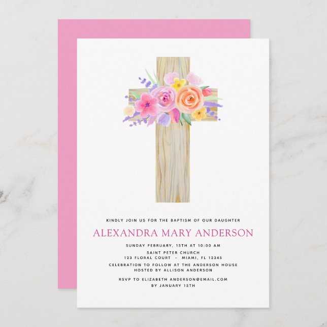 Baptism Pastel Floral Pink Rose Cross Invitation (Front/Back)