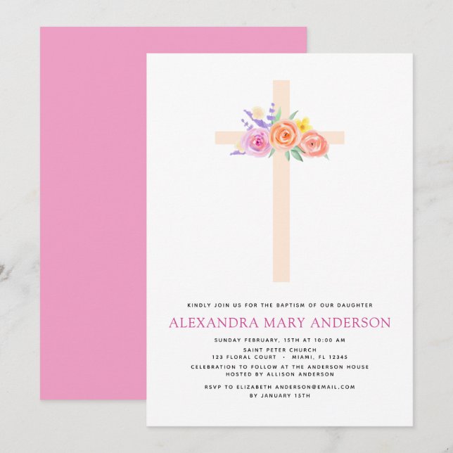 Baptism Pastel Floral Pink Rose Cross Invitation (Front/Back)
