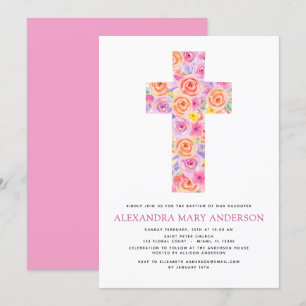 Baptism Pastel Floral Pink Rose Cross Invitation