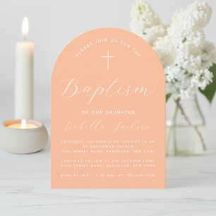 Baptism Peach Arch Modern Script Girl Christening Invitation