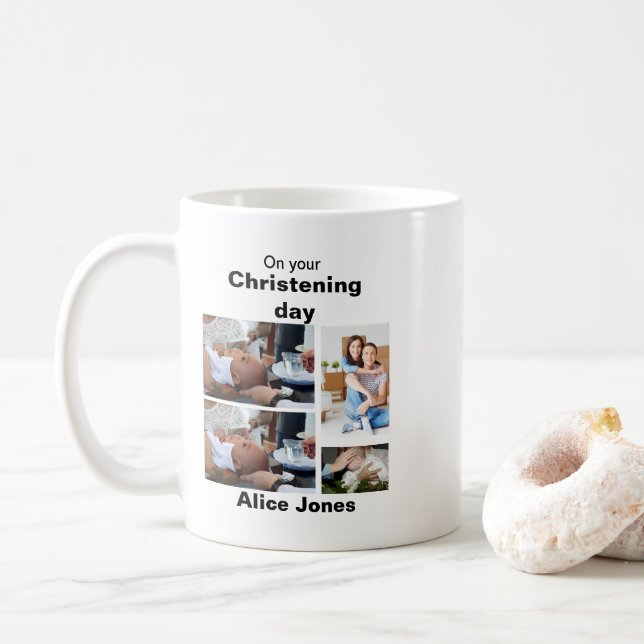 Baptism Personalised 4 Photo Collage Coffee Mug (With Donut)