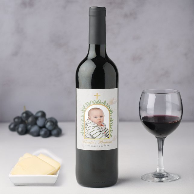 Baptism Photo Arch Greenery Faux Gold Foil Marble Wine Label (Creator Uploaded)