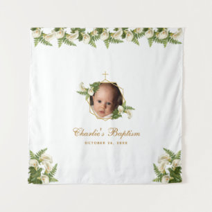 Baptism Photo Backdrop - Calla Lilies Gold Floral  Tapestry