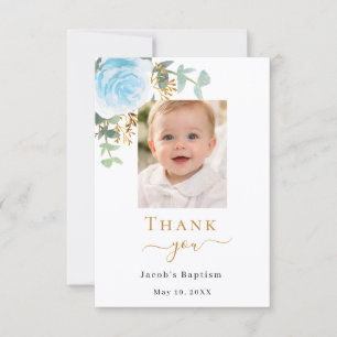Baptism photo blue floral boy thank you card