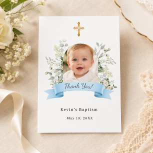 Baptism photo blue white florals boy thank you card