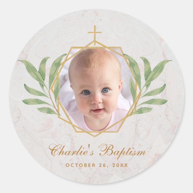Baptism Photo Botanical Geometric Leaves Foliage  Classic Round Sticker (Front)