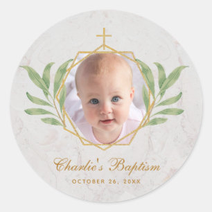 Baptism Photo Botanical Geometric Leaves Foliage  Classic Round Sticker