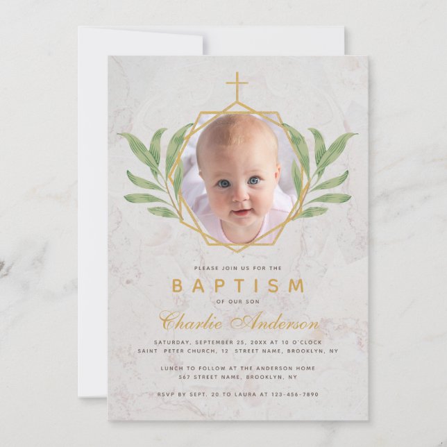 Baptism Photo Botanical Geometric Leaves Foliage Invitation (Front)