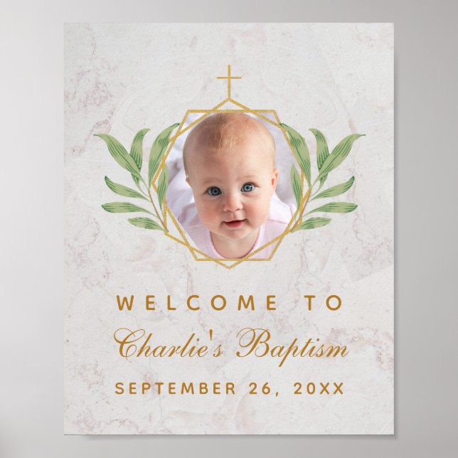 Baptism Photo Botanical Geometric Leaves Foliage Poster (Front)