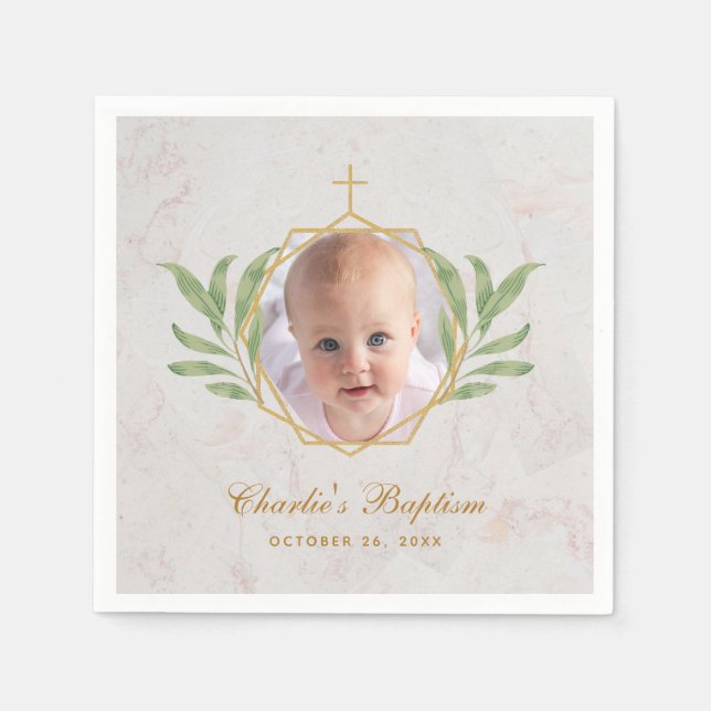 Baptism Photo Botanical Leaves Foliage Gold Marble Napkin (Front)