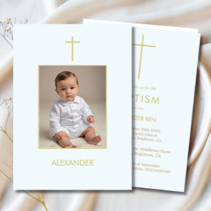 Baptism Photo Boys Blue Gold Religious Invitation