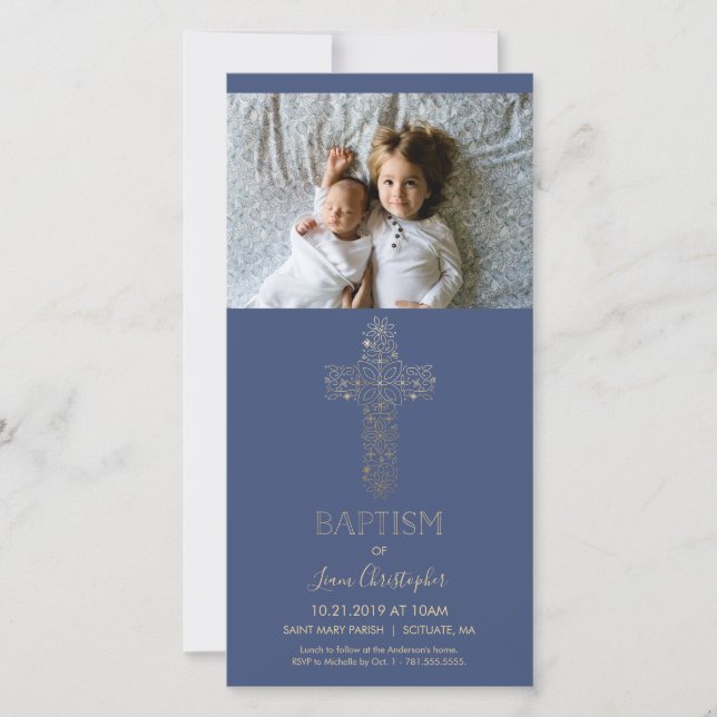 Baptism Photo Card - Invitation w/ Gold Cross (Front)