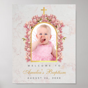 Baptism Photo Faux Gold Arch Pink Orchids Welcome Poster