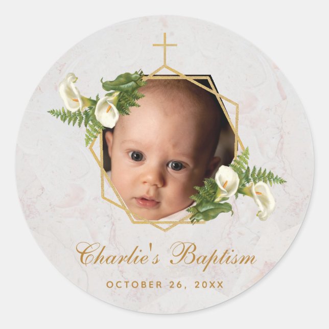 Baptism Photo Floral Calla Lilies Marble Gold  Classic Round Sticker (Front)