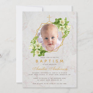 Baptism Photo Floral Geometric White Lilies Marble Invitation
