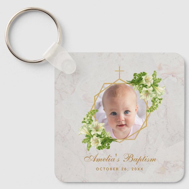 Baptism Photo Floral Geometric White Lilies Marble Key Ring (Front)